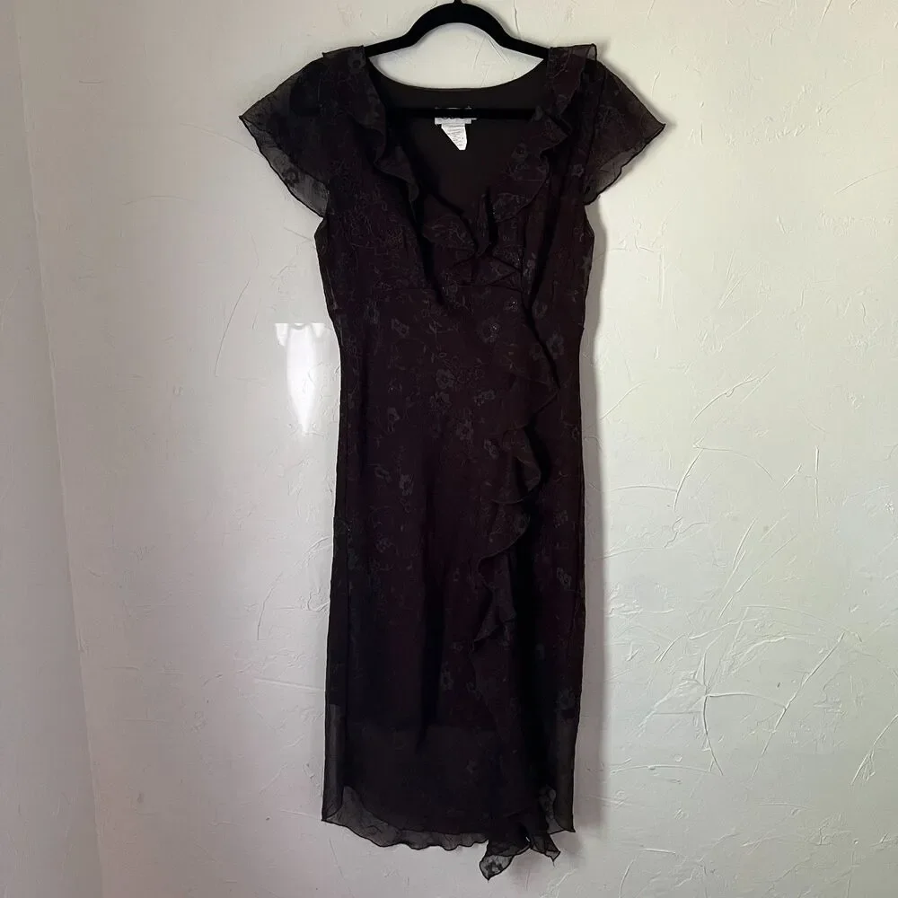 Fairy Grunge Vintage‎ CDC Brown Ruffle Midi Dress Floral Moody Whimsigoth Size 8